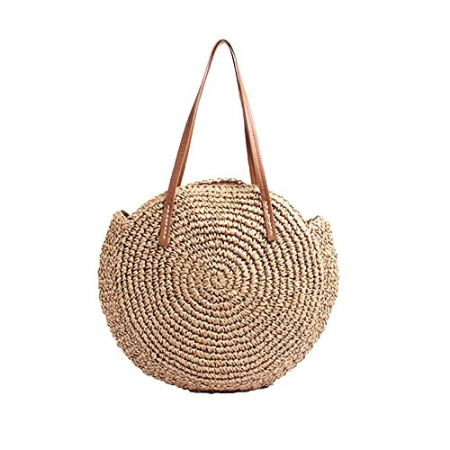 VOANZO The New Literary Style Round Large-Capacity One-Shoulder Straw Woven Bag, Hand-Woven Beach Female Bag（Brown） | Amazon (UK)