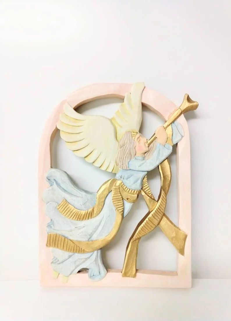 Wooden Angel Wall Hanging Pink Blue Yellow Gold Wall - Etsy | Etsy (US)