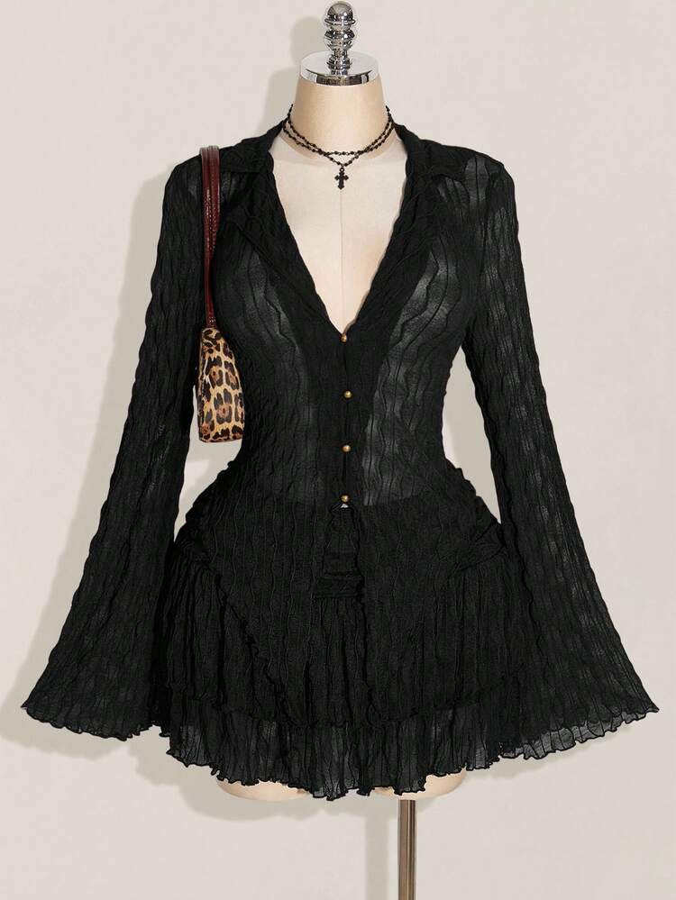 SHEIN ICON Plus Size Lettuce Edge Asymmetric Hem See-Through Top | SHEIN