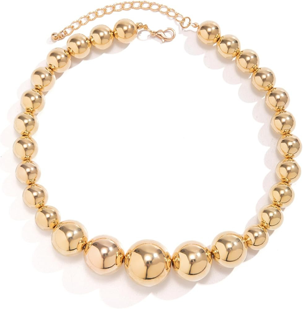 PINK TOWN Chunky Gold/Silver Beads Necklaces for Women,Vintage 14K Gold Large Beaded Choker Punk ... | Amazon (US)