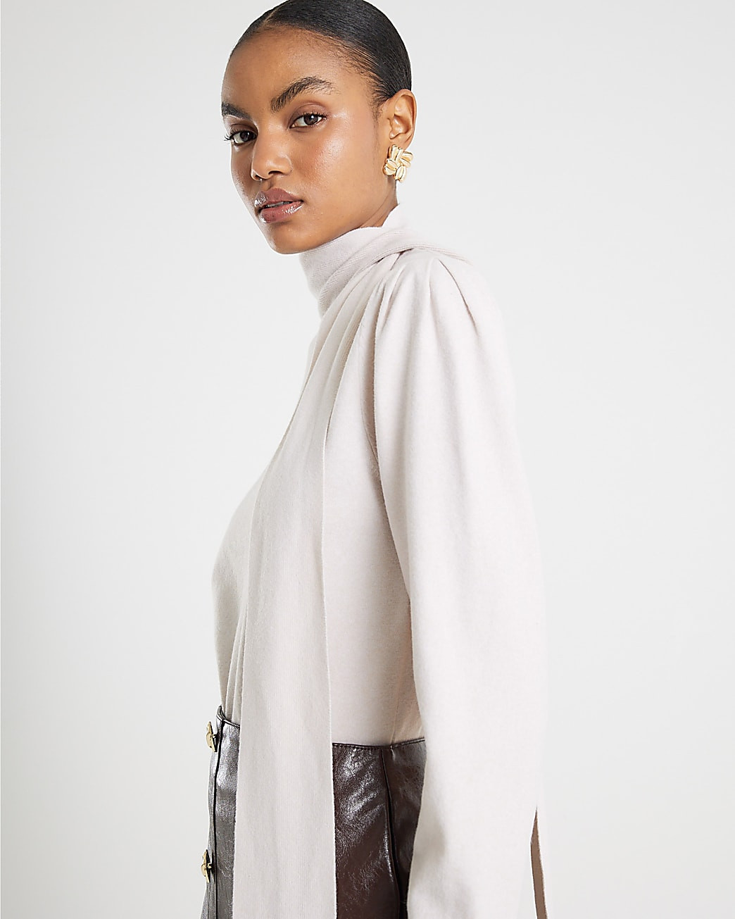 Cream Knit Neck Bow Tie Jumper | River Island UK & IE