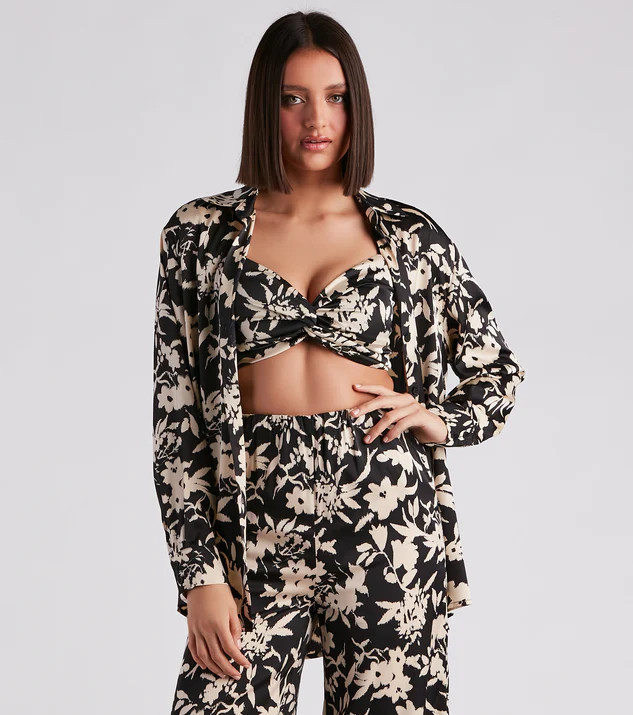 Major Muse Floral Satin Button-Down Top | Windsor Stores