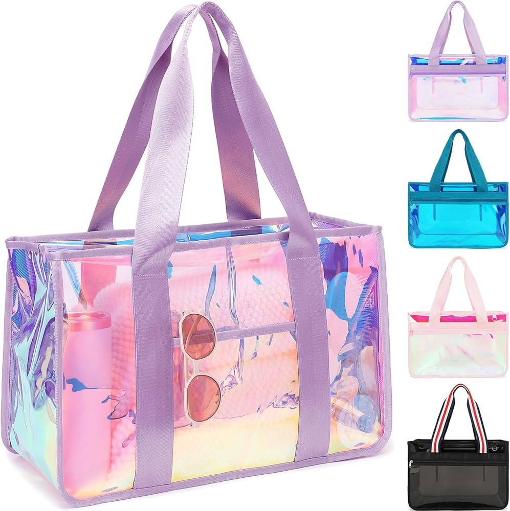 Fammart Iridescent Clear Beach Bags Waterproof Sandproof for Women, Large Jelly Tote Zipper Pool ... | Amazon (US)