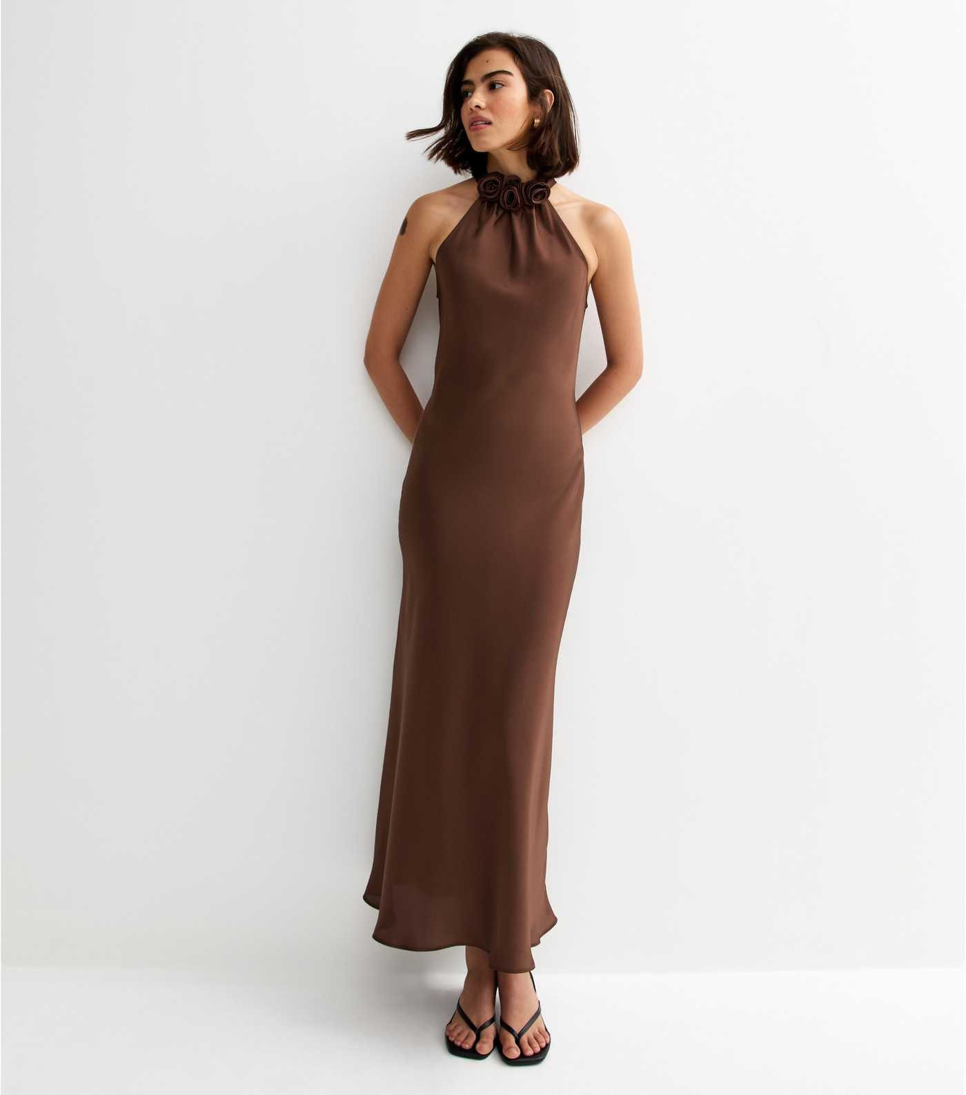 Brown Satin Floral Applique Halterneck Midi Dress | New Look | New Look (UK)