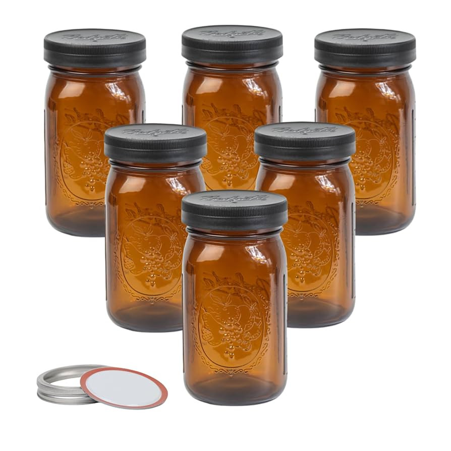 6 Pack 32 oz Amber Wide Mouth Mason Jars with Airtight Lids and Black Plastic Mason Jar Lids, Amb... | Amazon (US)