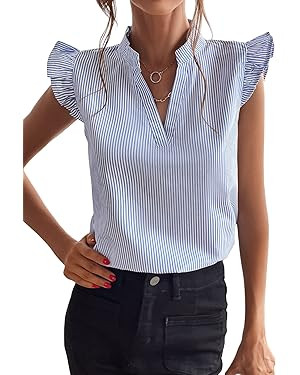 Floerns Women's Striped Notched V Neck Ruffle Cap Sleeve Blouse Tops | Amazon (US)