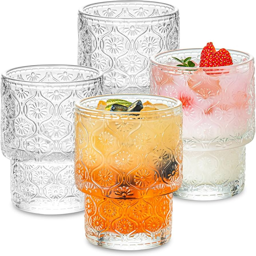 Glass Cups Vintage Glassware | Set of 4 Small, Embossed Stackable Pattern Style Transparent Cockt... | Amazon (US)