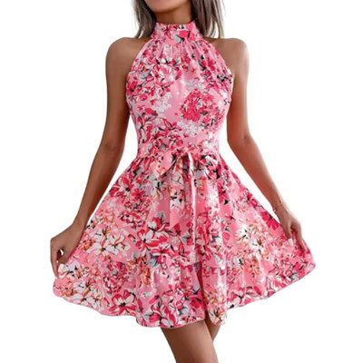Halter Summer Dress for Women Sleeveless Dress Keyhole Back Floral Sundress with Front Tie Waist Flounce Hem Summer Mini Dress,Pink Floral - S | Target