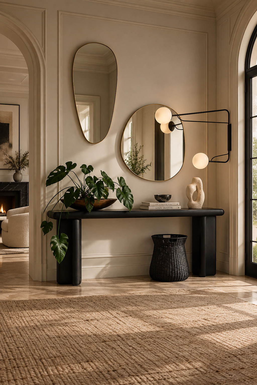 This black console moment is so sleek for fall. Styled with organic mirrors, sculptural lighting, greenery, and warm neutrals, it gives the room that collected designer feel without looking cluttered. Love this for an entryway connected to a modern living space.
#ConsoleTable #CB2Finds #ModernEntryway #FallHomeDecor #MinimalHome #LuxuryInteriors #HomeStylingIdeas #ModernDecor #NeutralHome #InteriorInspiration 

 #LTKSeasonal #LTKHome #LTKSaleAlert