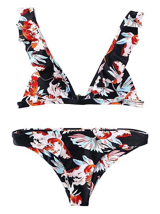 SOLYHUX Women's Sexy Flower Print Ruffle Strap Triangle Bikini Set Swimwear | Amazon (US)