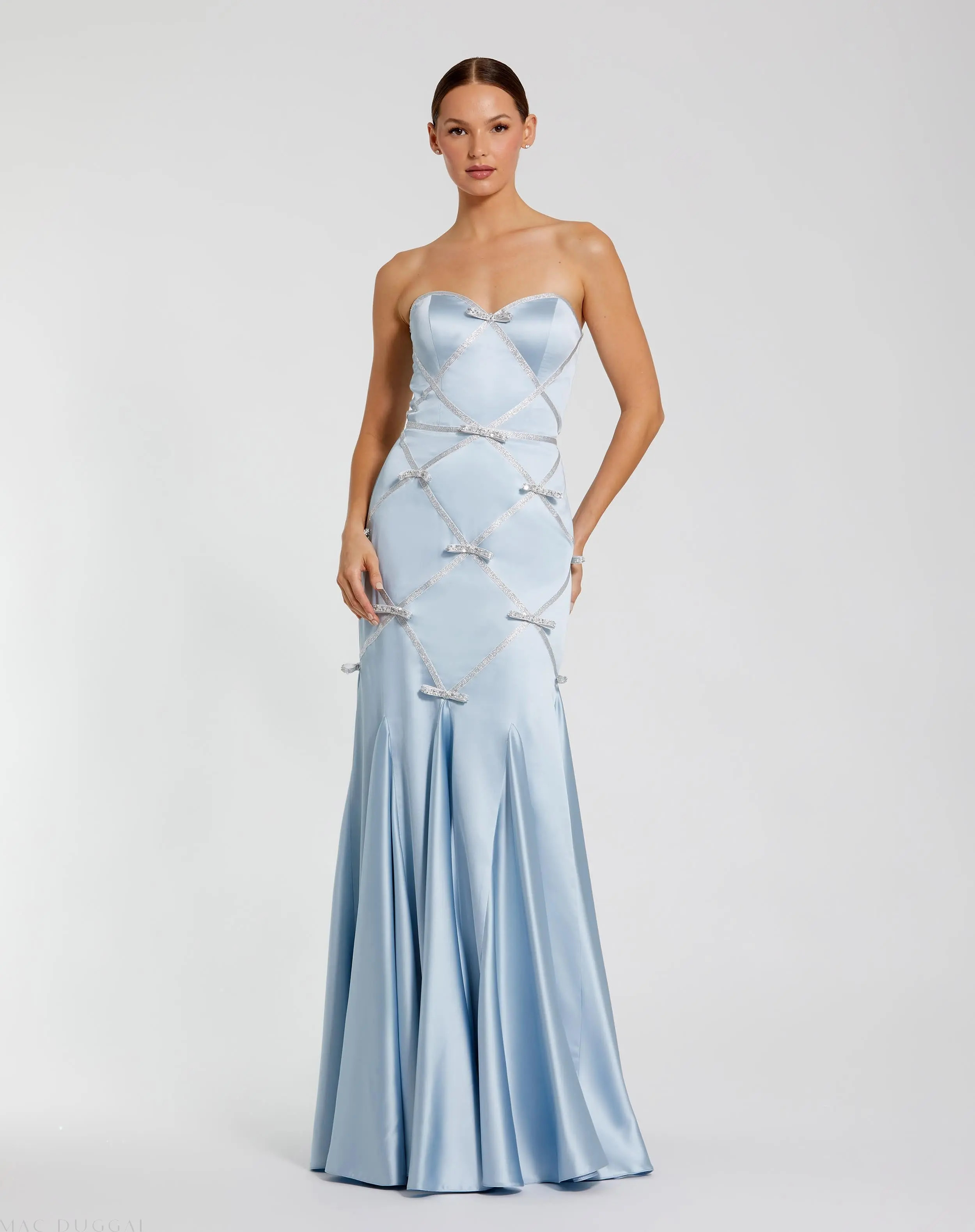 Prom - Mac Duggal - Blue Strapless Satin Trumpet Gown With Bow Details - Powder Blue Silver / US 14 | Mac Duggal