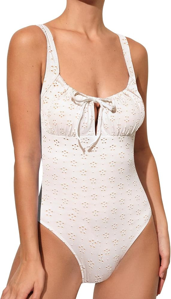 BERLOOK Women’s Tie Floral One-Piece Tankini Bathing Suits Sexy Slimming Swimsuit White | Amazon (US)