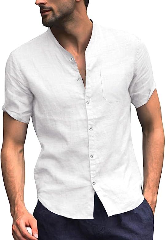 COOFANDY Men's Cotton Linen Shirt Regular Fit Short Sleeve V Neck Button Down Summer Shirt Beach ... | Amazon (US)