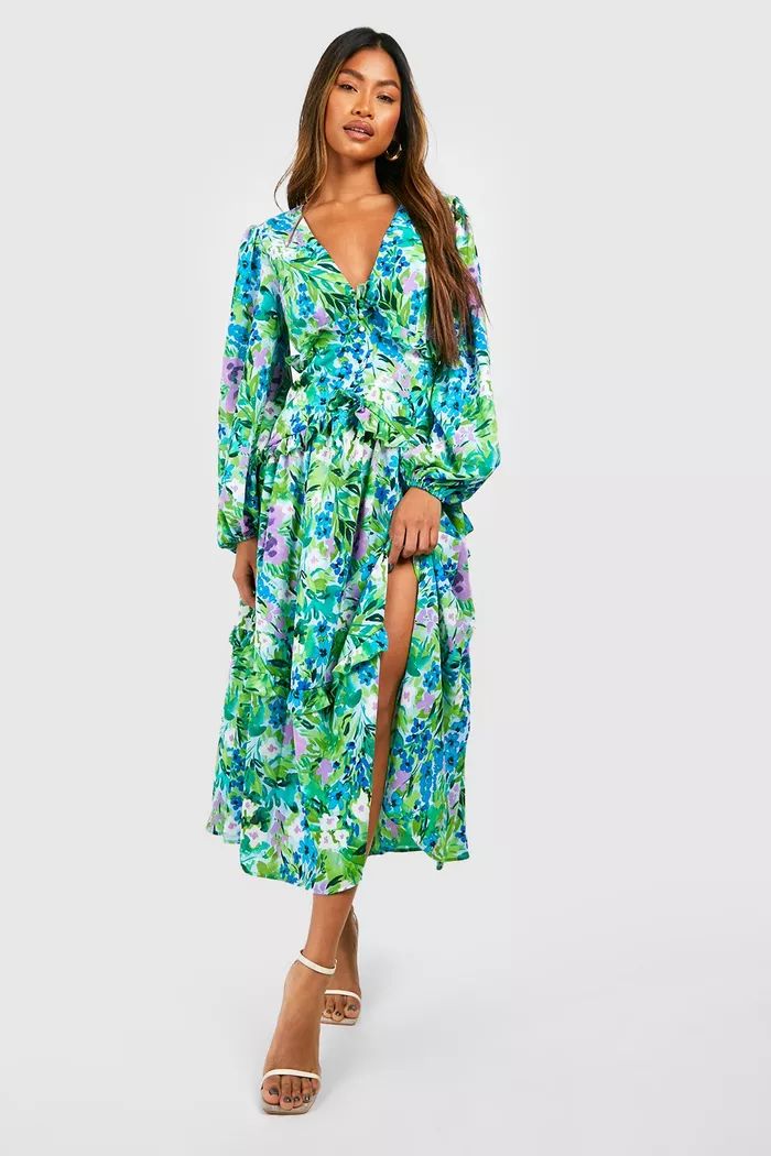 Floral Waist Detail Midi Dress | boohoo (US & Canada)