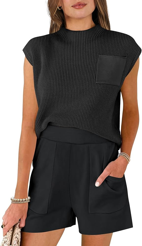 Caracilia Womens 2 Piece Outfits Summer Sweater Shorts Set Cap Sleeve Knit Pullover Tops and Shor... | Amazon (US)