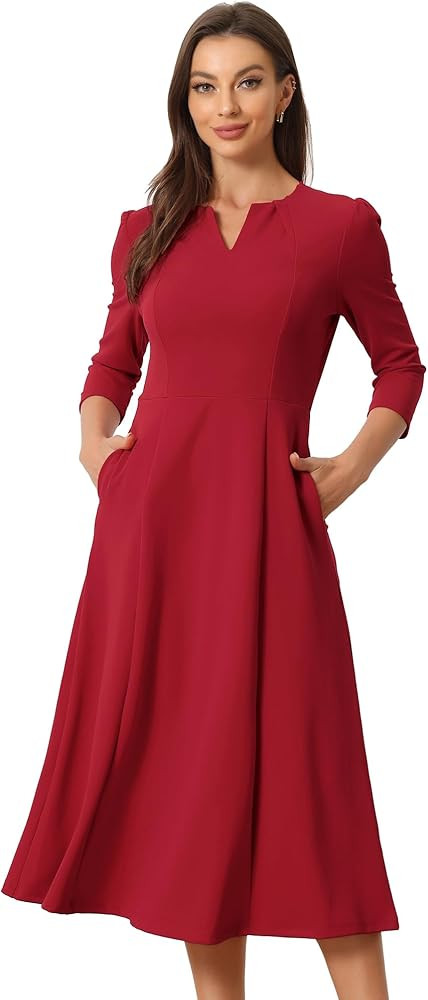 Allegra K Women's 3/4 Sleeve Dresses V Neck Elegant A-Line Work Business Formal Midi Dress with P... | Amazon (US)