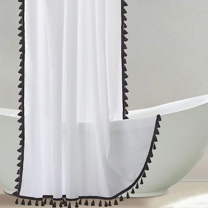 Uphome Tassel Shower Curtain, White Fabric Shower Curtain with Black Fringe Trims, Vintage Boho C... | Amazon (US)