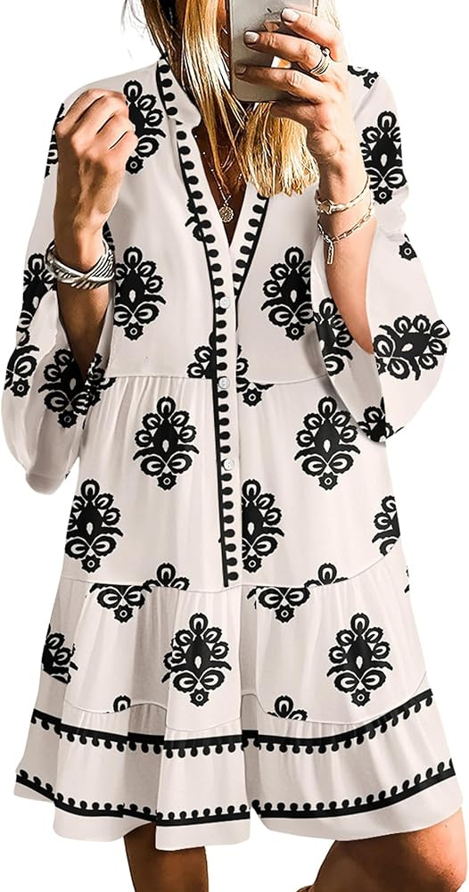 SELINK Womens Long Sleeve Dresses Casual V Neck Tribal Print Button Flowy Boho Mini Beach Dress | Amazon (US)