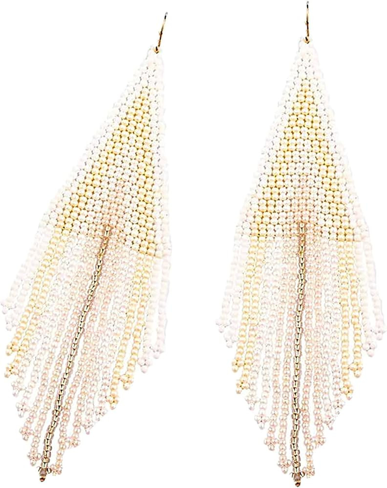 Long Beaded Tassel Earrings - Stripe Bohemian Fringe Dangle Earrings, Seed Bead Tribal Drop Earri... | Amazon (US)