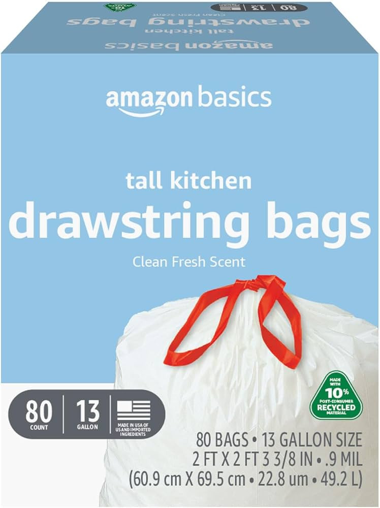 Amazon Basics 13 Gallon Tall Kitchen Drawstring Trash Bags, Clean Fresh Scent, 10% Post Consumer ... | Amazon (US)