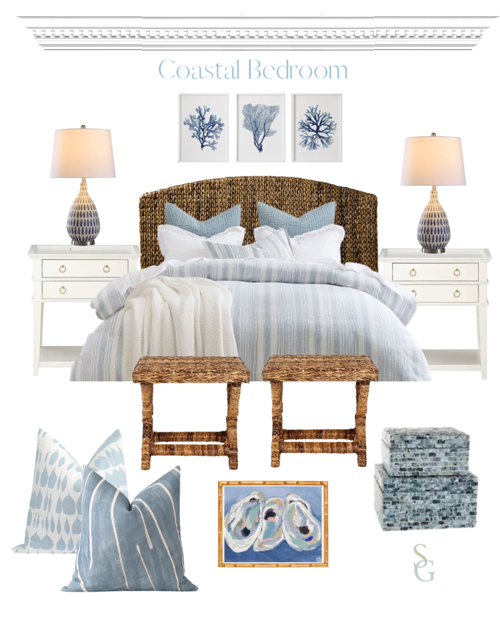 Coastal Bedroom Inspo!
In love with the oyster artwork! Would be great as a hostess gift for a weekend at the beach (with a similar frame)
Debating on buying the wicker ottomans, decent price and would look great in my bedroom!

coastal bedroom, grandma style, beach bedroom, beach inspo, coastal decor, wicker ottoman, wicker headboard, blue and white , nightstand , coastal artwork  

#LTKstyletip #LTKFind #LTKhome