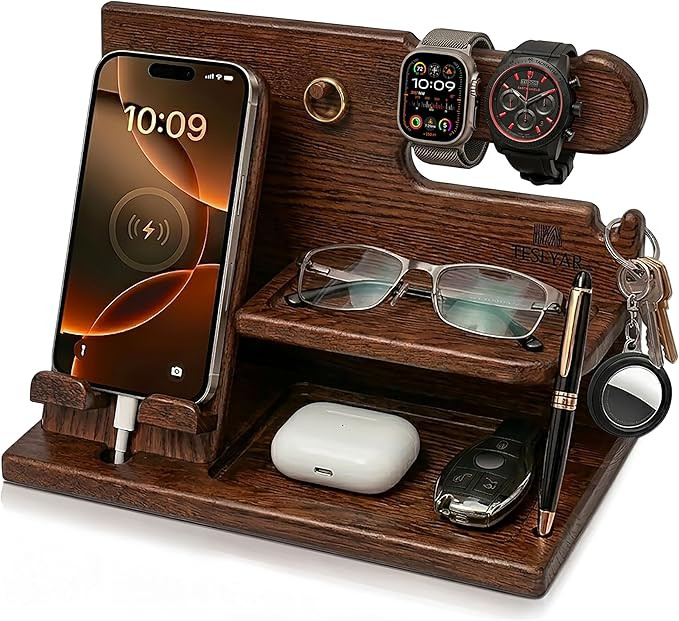 TESLYAR Wood Phone Docking Station for Men - Desk or Nightstand Organizer - Birthday Gifts for Hu... | Amazon (US)