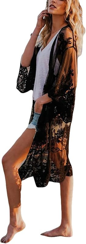 Bsubseach Women Sexy Lace Crochet Open Front Swimsuit Beach Long Kimono Cover Ups | Amazon (US)