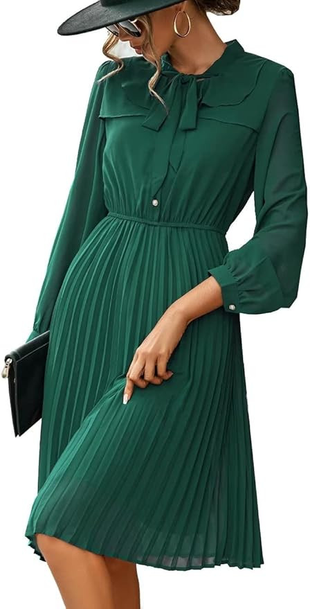 HAOKEKE Work Dresses for Women 2023 Long Sleeves Chiffon Black Dress Retro Pleated Buttons Down B... | Amazon (US)