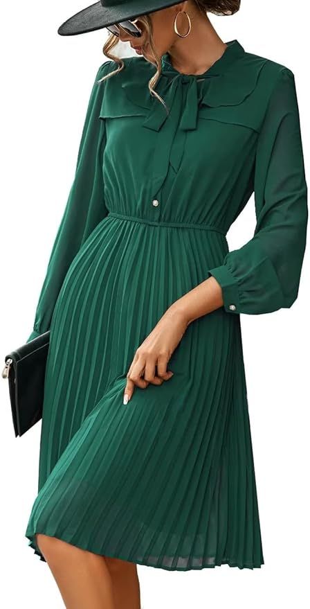 HAOKEKE Work Dresses for Women 2023 Long Sleeves Chiffon Black Dress Retro Pleated Buttons Down B... | Amazon (US)