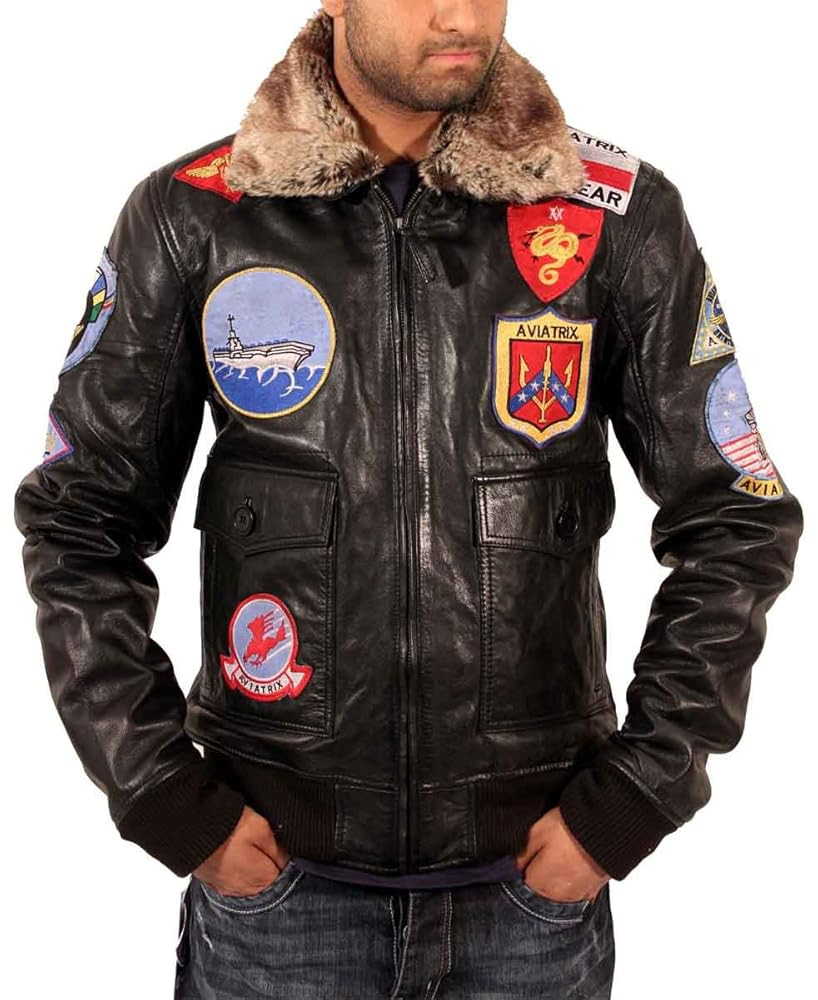 Aviatrix Men's Urban Pilot Flying Leather Aviation Jacket with Patches and Fur Collar, Black | Amazon (UK)