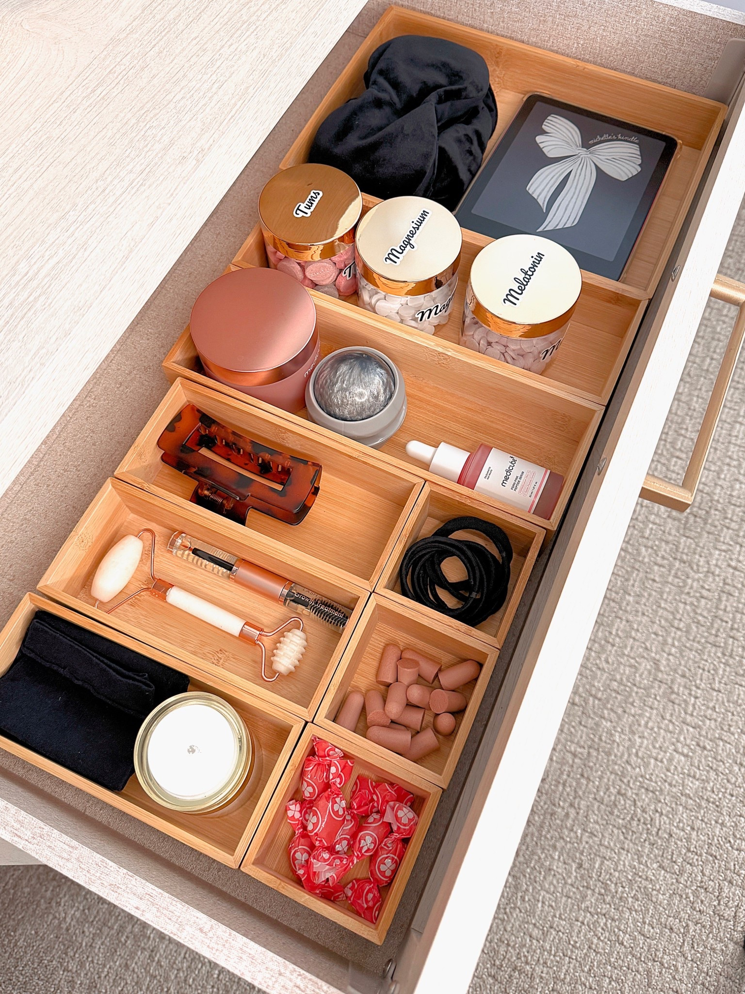 Nightstand organization that actually works for real life. Drawer dividers make it easy to keep skincare, sleep essentials, chargers, and everyday items neat but accessible. A simple setup like this keeps the surface clutter-free while everything you need is right where you want it. Perfect for bedroom organization, small space storage, and creating a calm nightly routine.

#LTKSeasonal #LTKHome #LTKBeauty