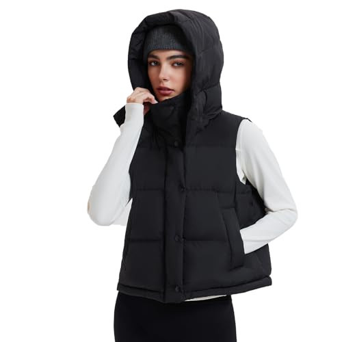 Airfree Women Cropped Black Puffer Vest 800 Fill Lightweight Goose Down Jacket Sleeveless Winter Coats with Removable Hood | Amazon (US)