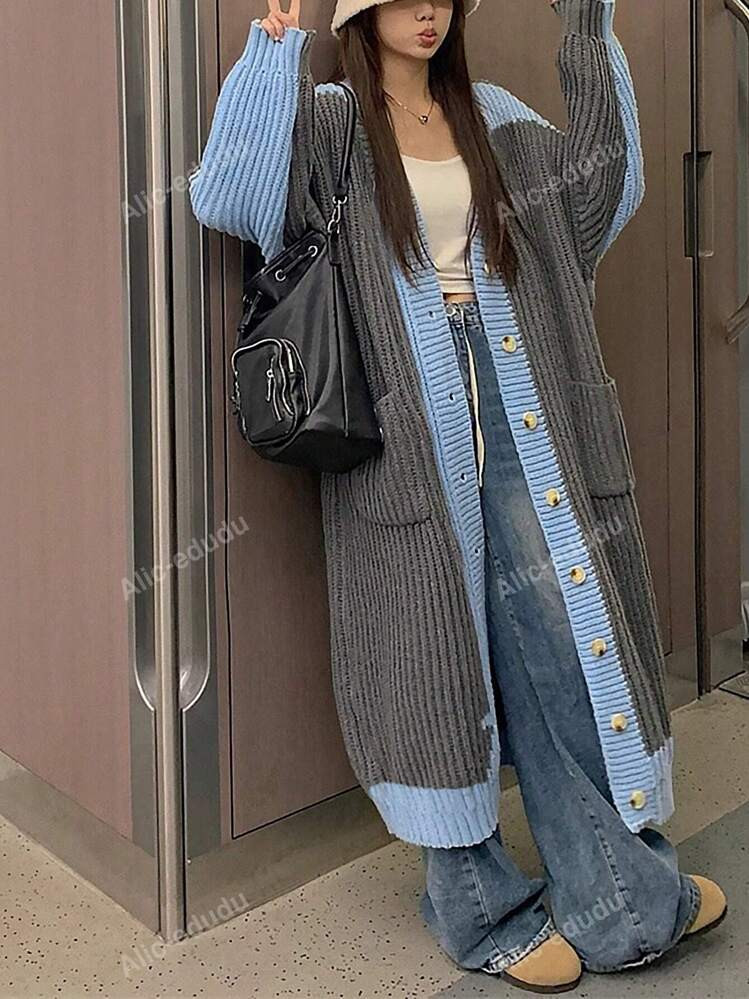 Contrast Panel Drop Shoulder Oversized Cardigan | SHEIN USA | SHEIN