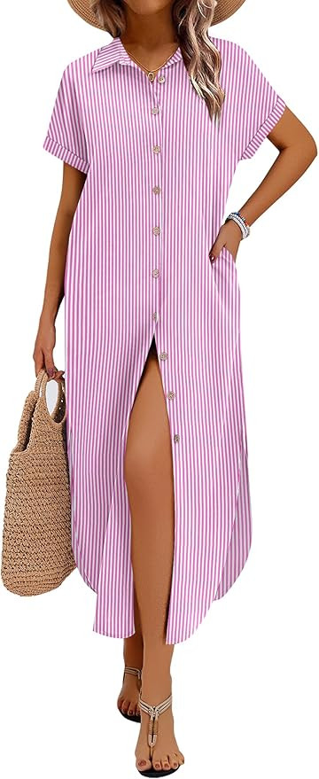 Zeagoo Womens Summer Casual Short Sleeve Button Down Long Shirt Dresses Loose Swimsuit Beach Cove... | Amazon (US)