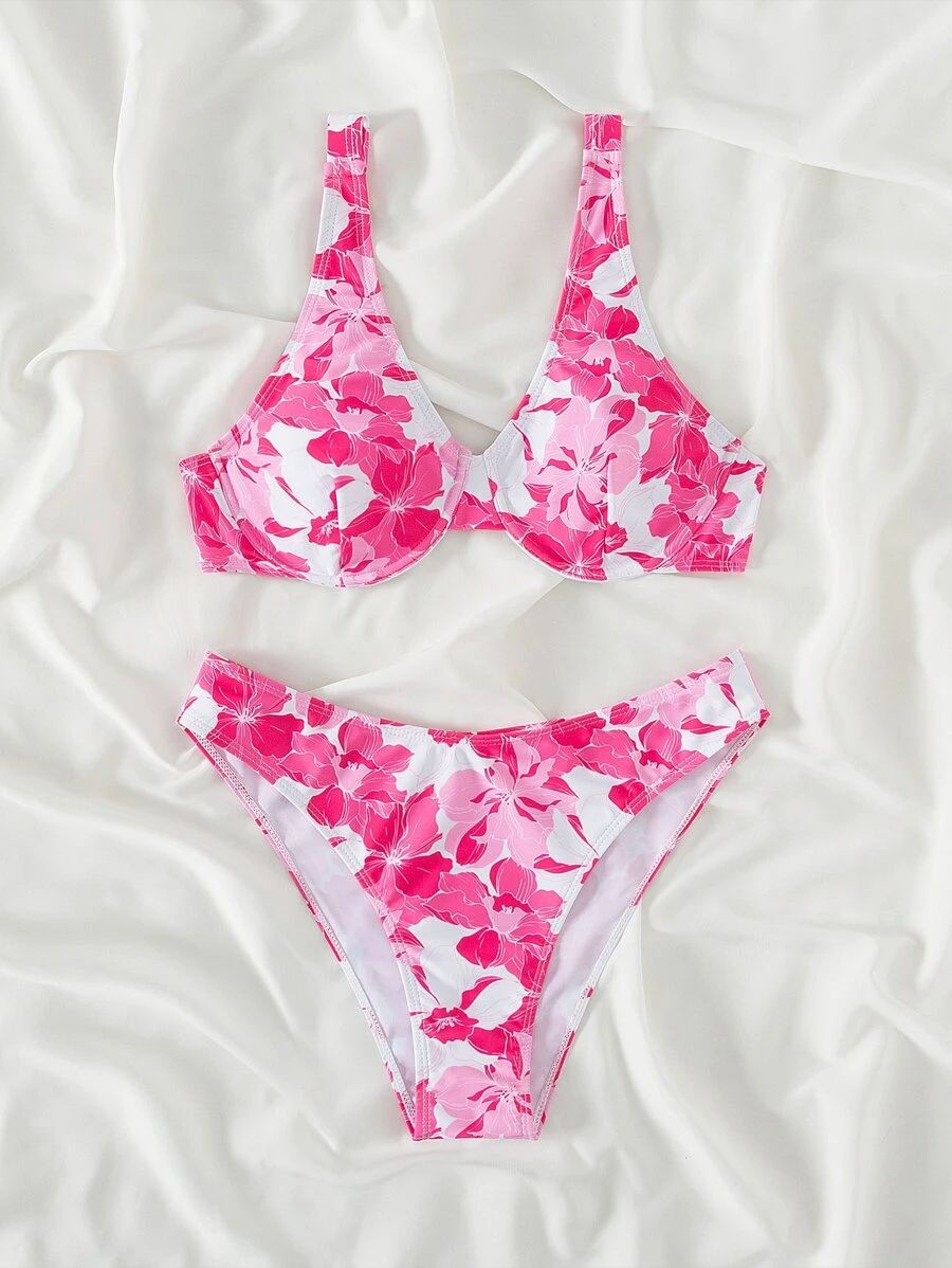 Floral Print Bikini Set Underwire Top & High Cut Bottom 2 Piece Swimsuit | SHEIN