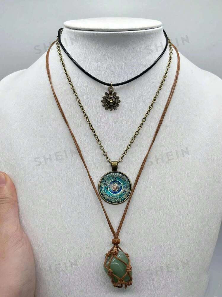 ROMWE Fairycore 3pcs Vintage Stone Pendant Necklace Set | SHEIN