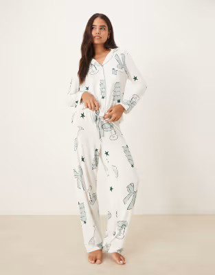 ASOS DESIGN super soft long sleeve shirt & trouser pyjama set with contrast piping in Christmas d... | ASOS (Global)