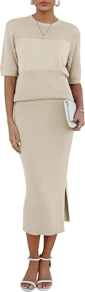Arach&Cloz Women's Soft 2 Piece Sets Summer Crochet Top and Midi Slit Skirt Outfits 2025 | Amazon (US)