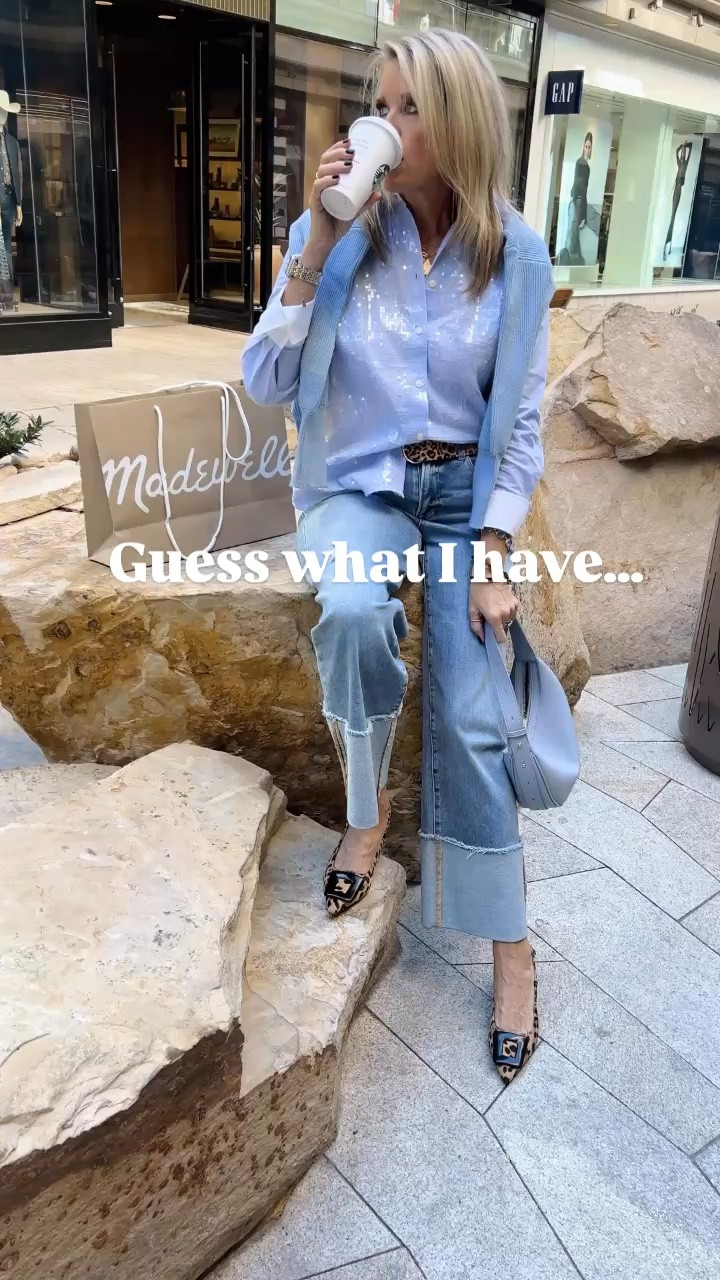 🚨Loft sale 60% off two items 50% off 1 item and free shipping

Grab my best selling sequins button up…. And I linked what I purchased !

🚨Promo code 
Save 10% with code thankyou10
Marci Moran 
NECKLACE stack

Marcia Moran 
16 inch Hania heart necklace 18karet gold plated link tbar with molded edge heart charm 

Julie voz blue stone circle necklace 
Julie Vos ring, & bracelet 

Tortoise chain link bracelet and  bangle Micheal Kors (old) linked similar 

14 inch paper clip 24 karat gold chain 
Local jewelry linked similar 

🚨Shirt is loft sequin button up
Fits tts I am in the small I wear a size 4

Risen denim jeans with wide cuff under $70  🚨 Sale25% off
My go to favorite jeans right now✔️

Amazon find Blue faux leather shoulder bag  under $40

Amazon sweater  over my shoulders 

Leopard belt from JCrew 

Leopard kitten heel sling back heel anthropologie tts 