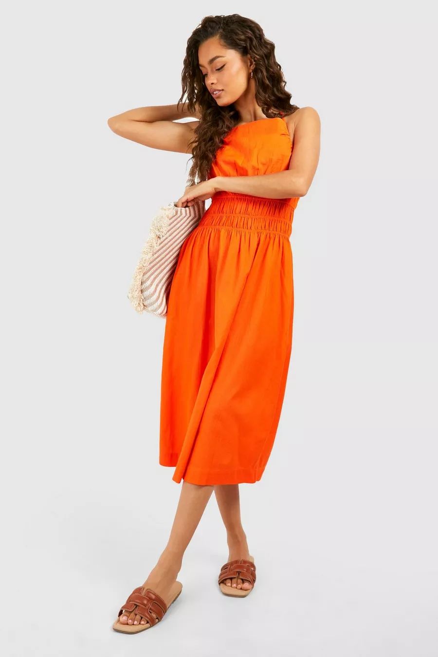 Strappy Linen Shirred Waist Midi Dress | boohoo (US & Canada)