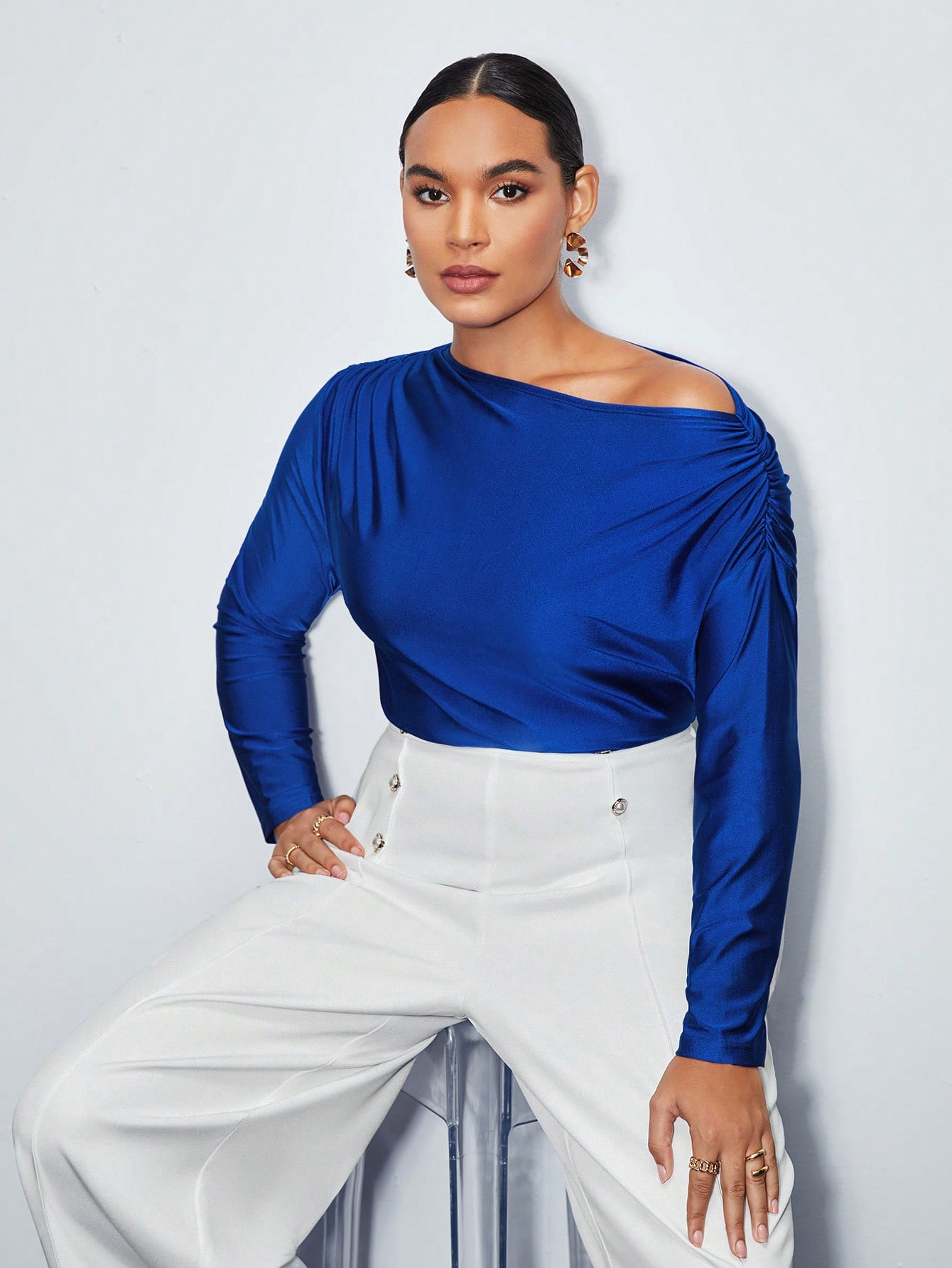 SHEIN BIZwear Plus Size Slim Fit Asymmetric Collar Pleated T-Shirt | SHEIN