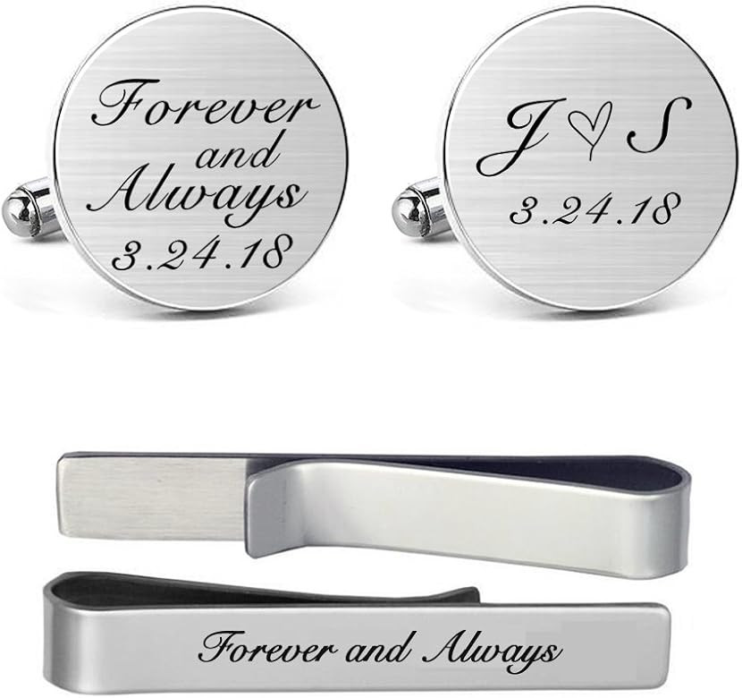 MUEEU Wedding Cufflink Engraved Forever & Always Custom Date Round Square Groom Tie Clip Tack | Amazon (US)