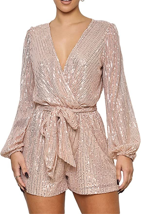 Womens Sexy Long Sleeve Deep V Neck Sequins Bodycon Shorts Party Clubwear Belted Jumpsuit Rompers | Amazon (US)