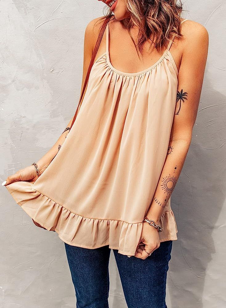Sidefeel Womens Sleeveless Shirt Blouse Scoop Neck Spaghetti Strap Cami Tank Top | Amazon (US)