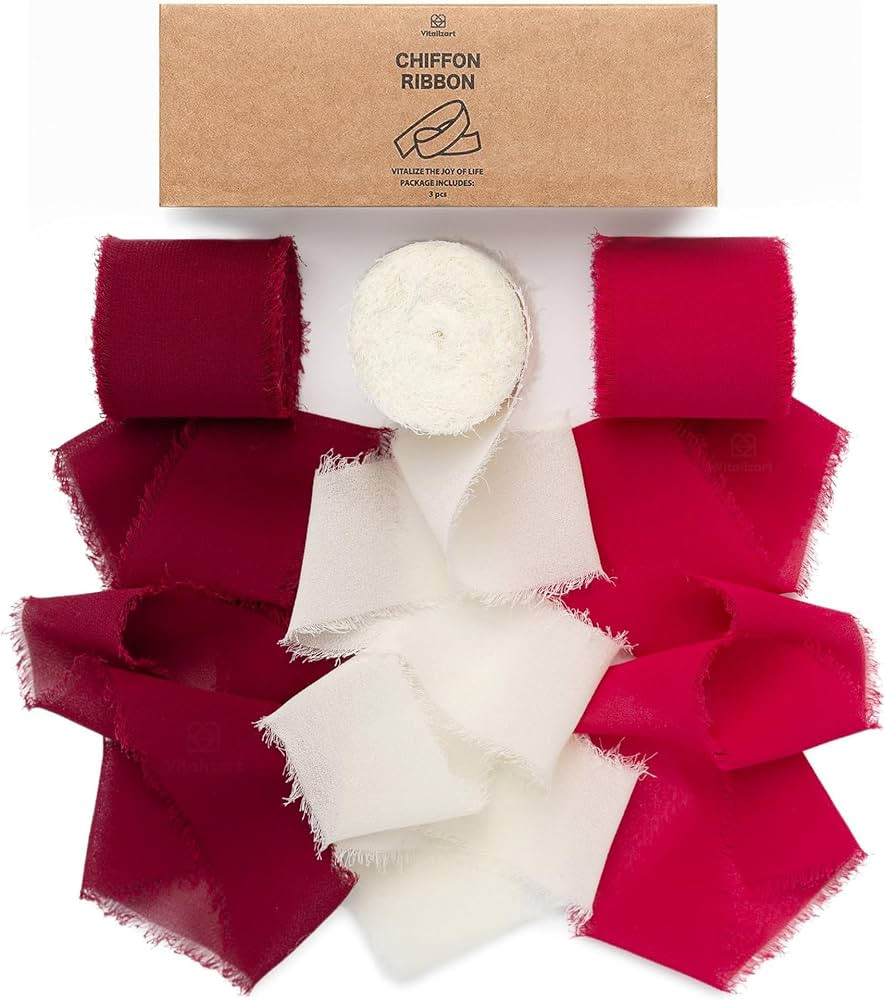 Vitalizart Red Handmade Chiffon Silk Ribbon Fringe 1.5" x 21 Yd Frayed Edges Ribbons for Wedding ... | Amazon (US)