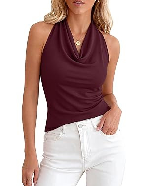 Women's Cowl Neck Halter Tank Top Sleeveless Backless Blouse Summer Casual Sexy Tops Going Out Cu... | Amazon (US)