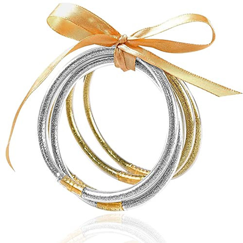 MJartoria Glitter Jelly Bangles Bracelets Set Glitter Filled Jelly Silicone Bracelets for Women (Silver+Champagne Gold) | Amazon (US)