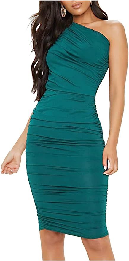 L'VOW Women's Sexy One Shoulder Ruched Sleeveless Bodycon Stretchy Midi Pencil Club Dress | Amazon (US)