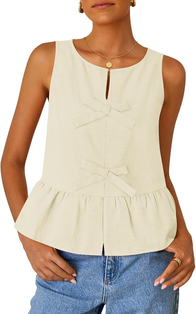 ZESICA Women's Summer Sleeveless Tank Tops Crewneck Tie Front Loose Flowy Ruffle Peplum Babydoll ... | Amazon (US)