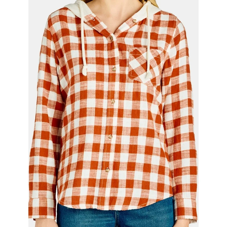 Time and Tru Women's Hooded Flannel Button Down Shirt with Long Sleeves, Sizes XS-XXXL | Walmart (US)